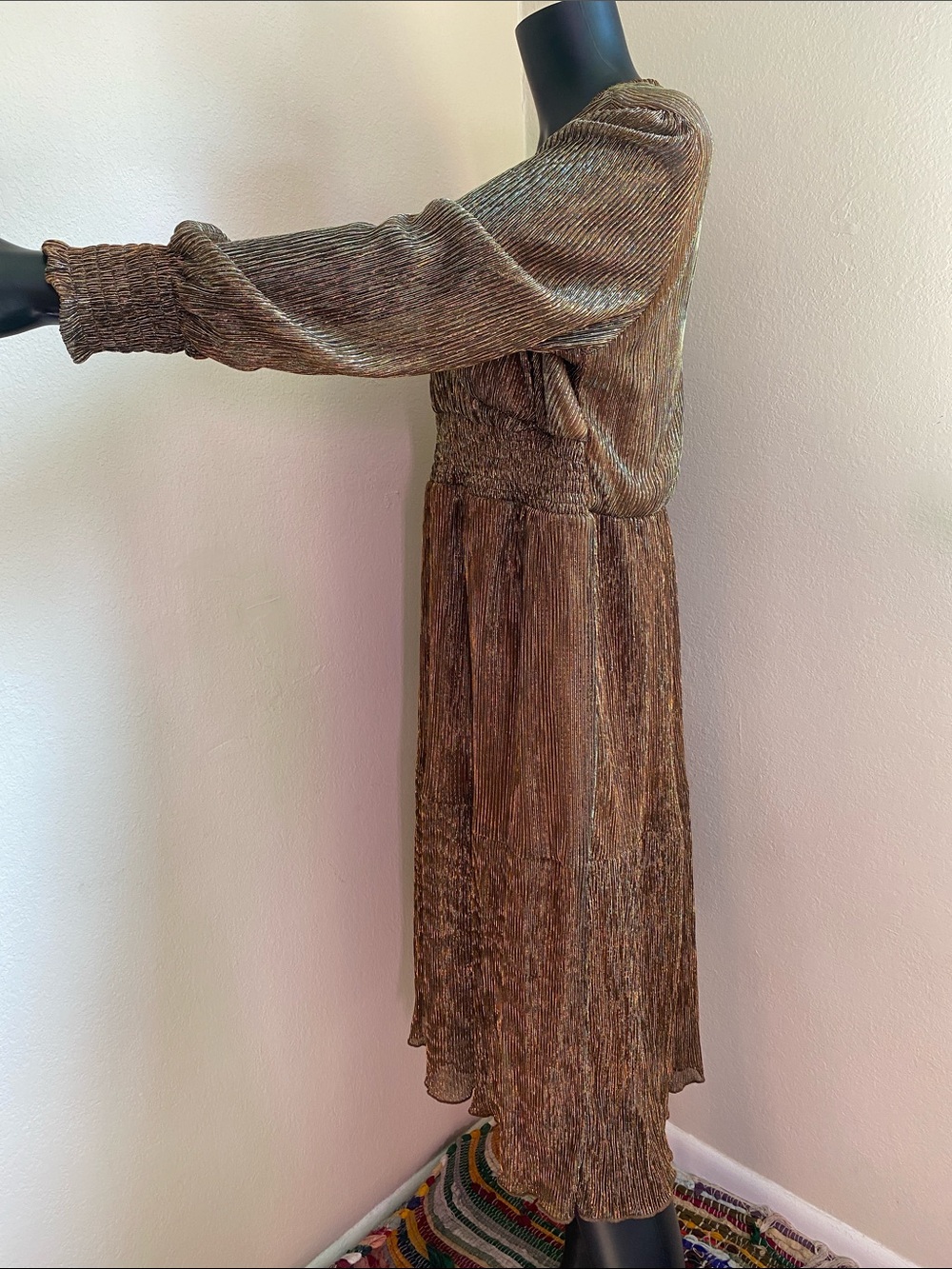 NY Collection Shimmery Bronze V-Neck Long Sleeve Midi Dress - Picture 5 of 12